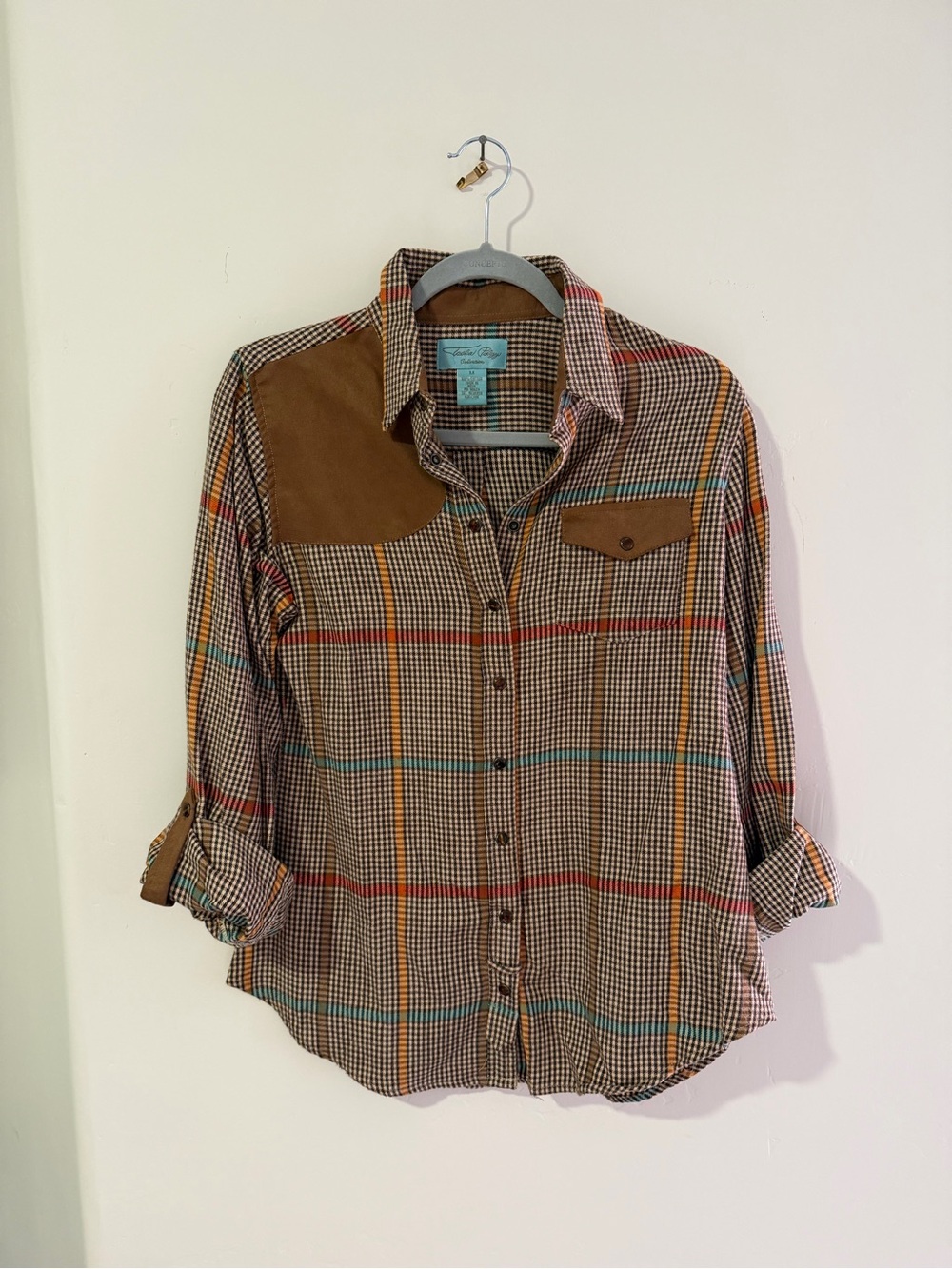 Tasha Polizzi Brown Plaid Button-Up with Suede Accents